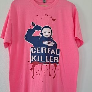 Cereal Killer Pink T Shirt Size Large, Graphic Gore Horror Jason Fun Pull Over